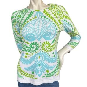 J. McLaughlin Signature 3/4 Sleeve Tee Blue & Green Paisley Leaf Boho Size Small
